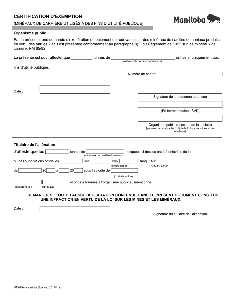 Forme MF1 Certification Dexemption (Mineraux De Carriere Utilises a DES Fins Dutilite Publique) - Manitoba, Canada (French), Page 1