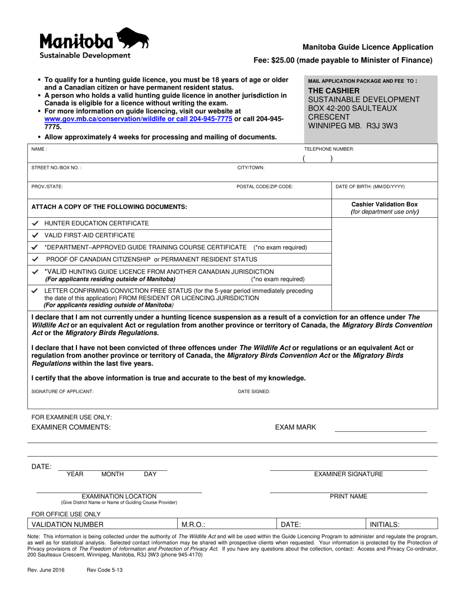 Manitoba Guide Licence Application - Manitoba, Canada, Page 1