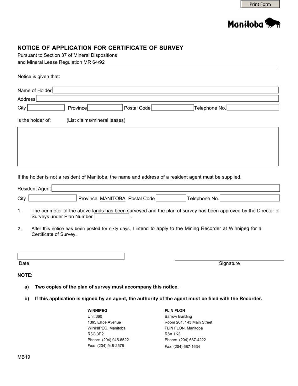 Form MB19 Notice of Application for Certificate of Survey - Manitoba, Canada, Page 1
