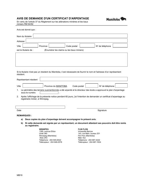 Forme MB19 Avis De Demande D'un Certificat D'arpentage - Manitoba, Canada (French)