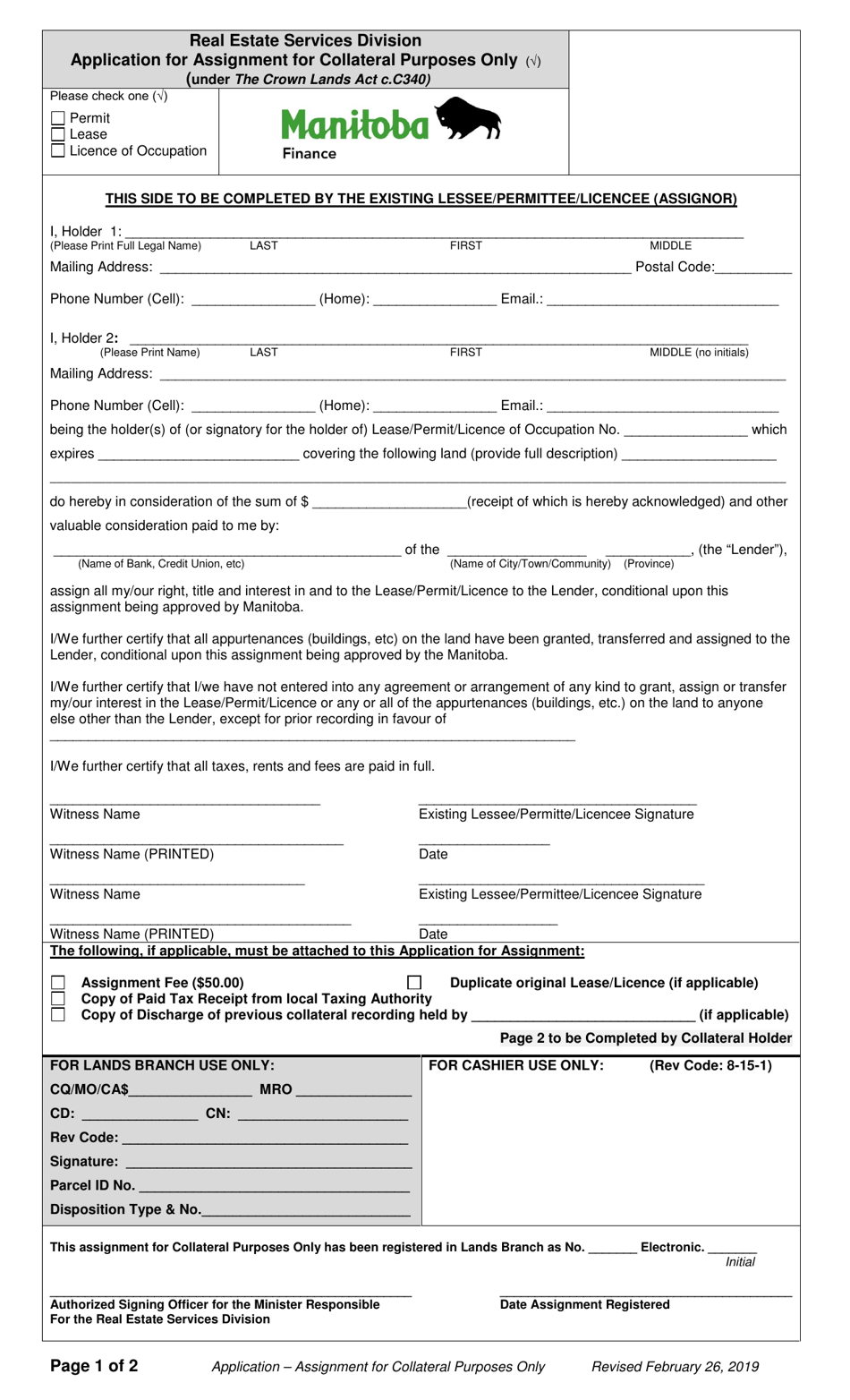 Application for Assignment for Collateral Purposes Only - Manitoba, Canada, Page 1