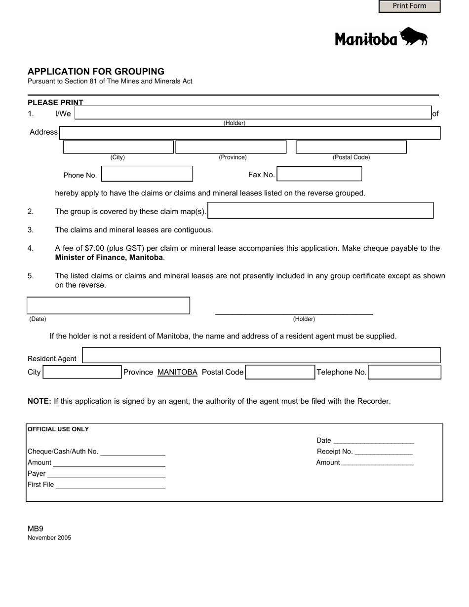 Form MB9 Application for Grouping - Manitoba, Canada, Page 1