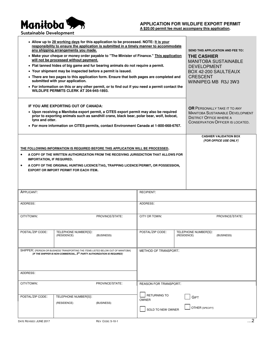 Application for Wildlife Export Permit - Manitoba, Canada, Page 1