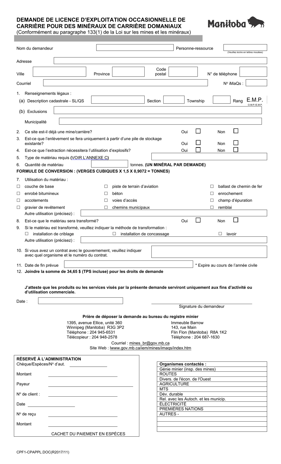 Forme CPF1 Demande De Licence Dexploitation Occasionnelle De Carriere Pour DES Mineraux De Carriere Domaniaux - Manitoba, Canada (French), Page 1