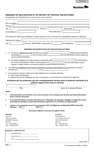 Forme MB5 Demande De Declaration Et De Report De Travaux Obligatoires - Manitoba, Canada (French)