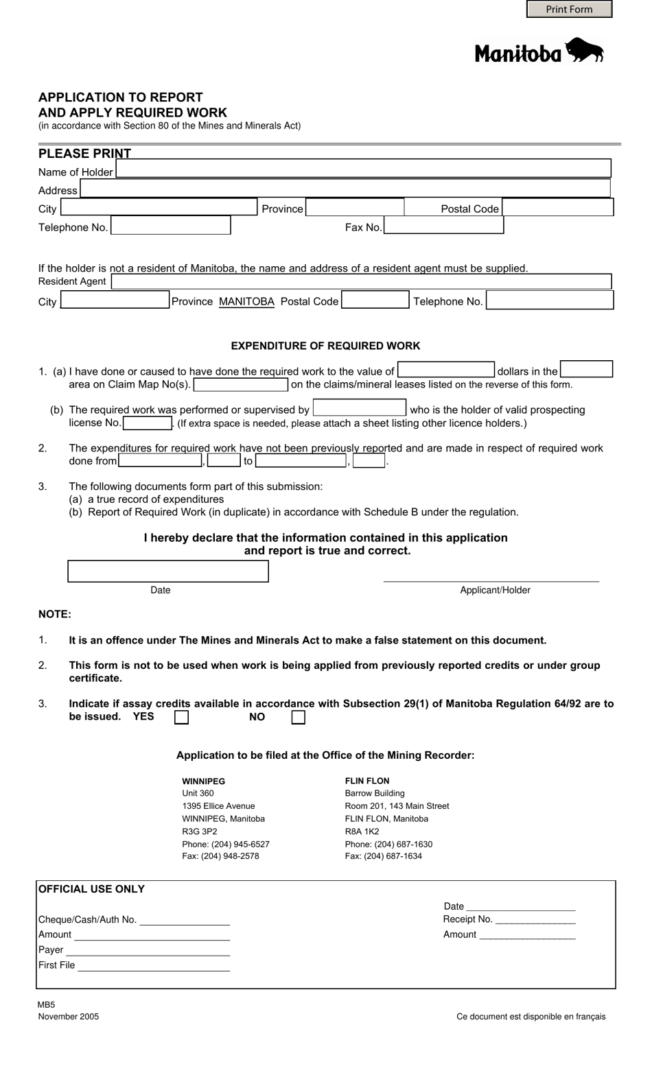 Form MB5 Application to Report and Apply Required Work - Manitoba, Canada, Page 1