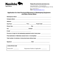 Document preview: Application for Inter-Provincial Movement of Beekeeping Equipment and Bees (Honey Bees) - Manitoba, Canada