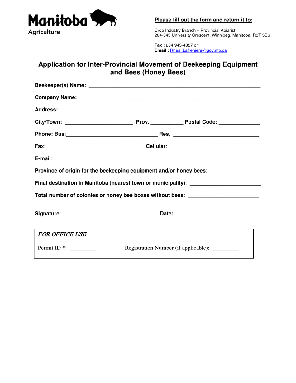 Application for Inter-Provincial Movement of Beekeeping Equipment and Bees (Honey Bees) - Manitoba, Canada, Page 1