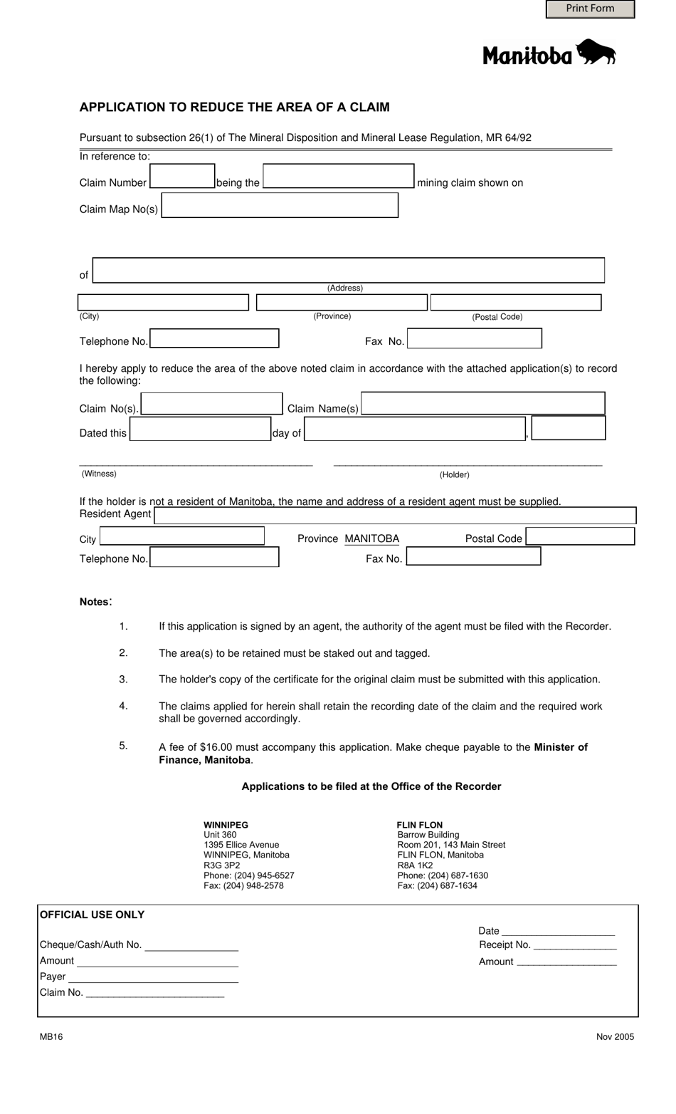 Form MB16 Application to Reduce the Area of a Claim - Manitoba, Canada, Page 1