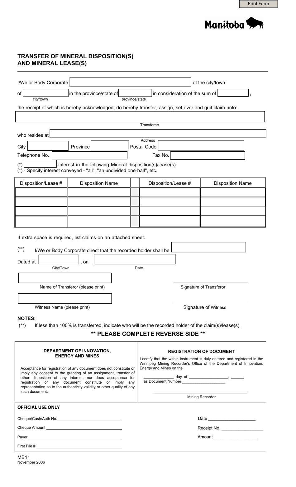Form MB11 Transfer of Mineral Disposition(S) and Mineral Lease(S) - Manitoba, Canada, Page 1