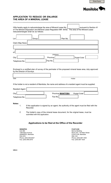 Form MB24 Application to Reduce or Enlarge the Area of a Mineral Lease - Manitoba, Canada