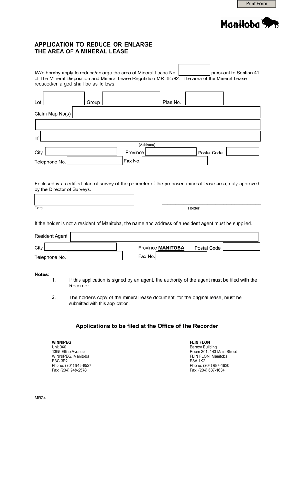 Form MB24 Application to Reduce or Enlarge the Area of a Mineral Lease - Manitoba, Canada, Page 1