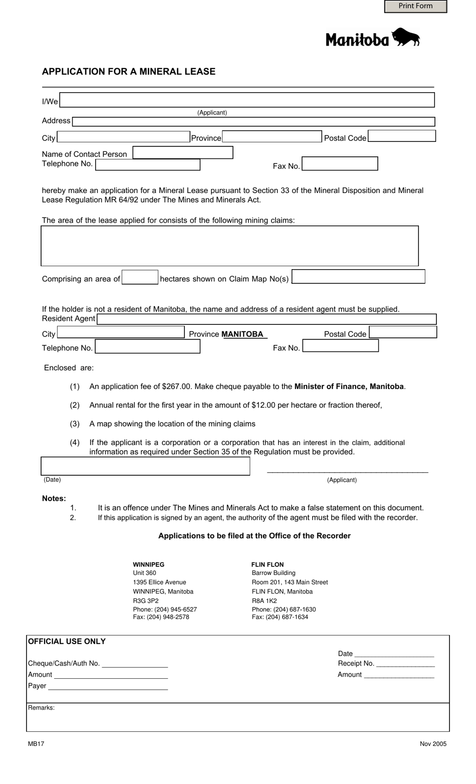 Form MB17 Application for a Mineral Lease - Manitoba, Canada, Page 1