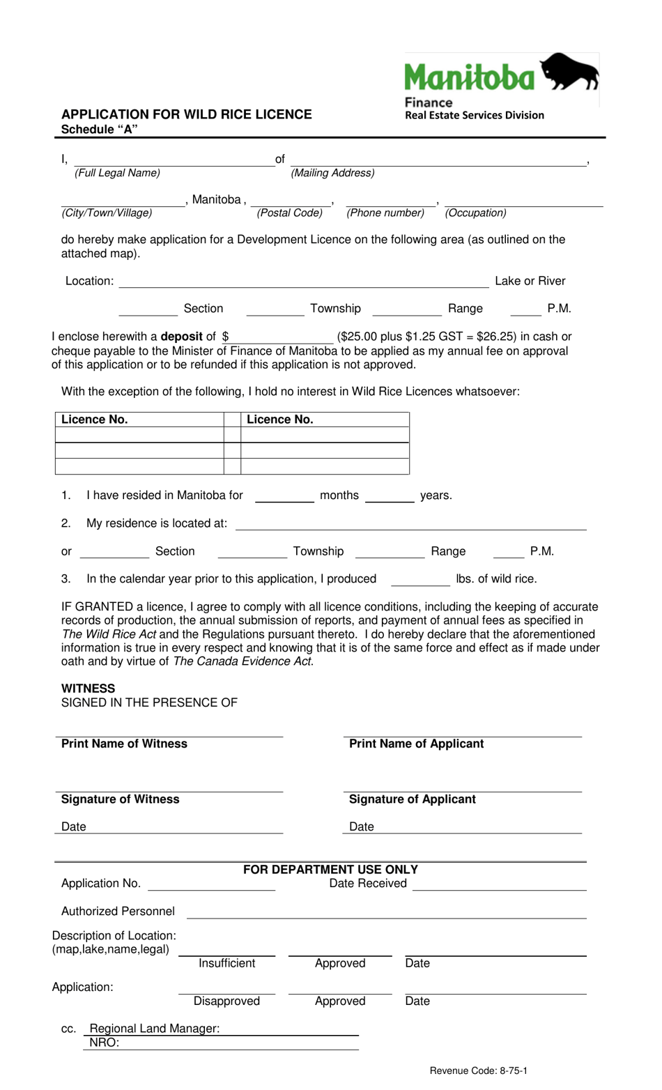 Schedule A Application for Wild Rice Licence - Manitoba, Canada, Page 1