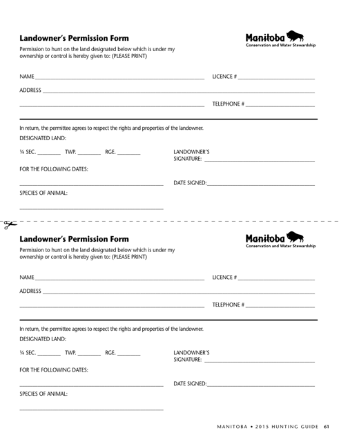 Landowner's Permission Form - Manitoba, Canada Download Pdf