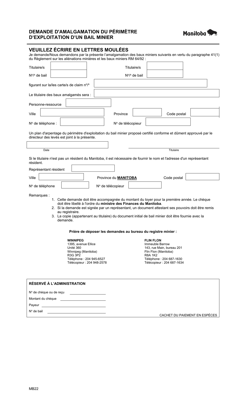 Forme MB22 Demande Damalgamation Du Perimetre Dexploitation Dun Bail Minier - Manitoba, Canada (French), Page 1