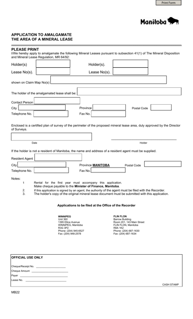Form MB22 Application to Amalgamate the Area of a Mineral Lease - Manitoba, Canada