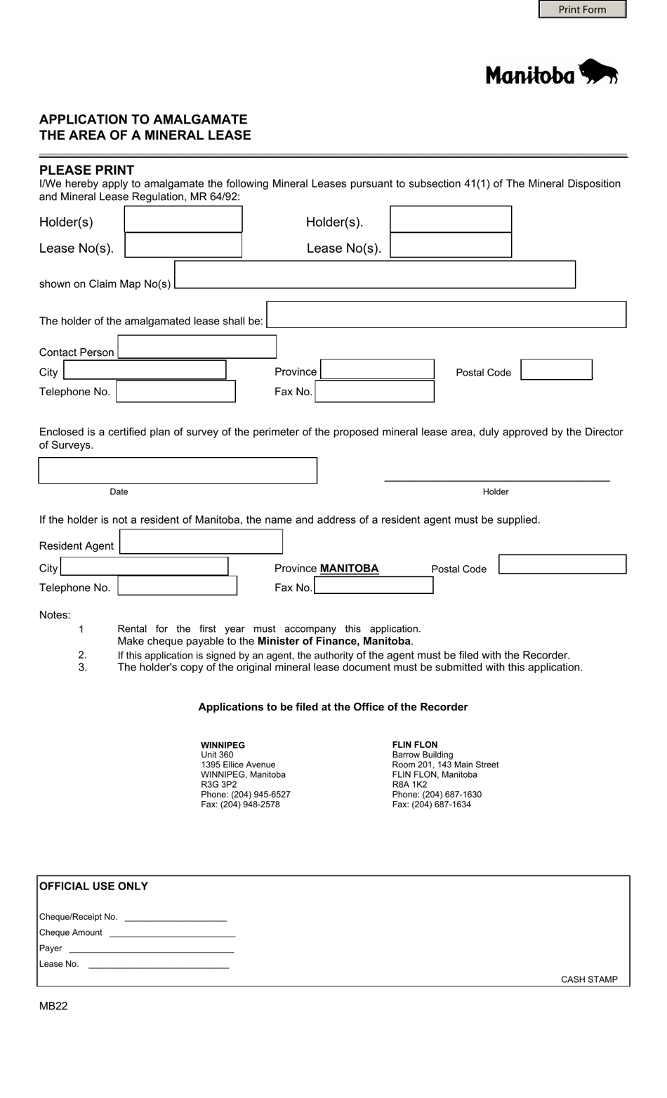 Form MB22 Application to Amalgamate the Area of a Mineral Lease - Manitoba, Canada, Page 1