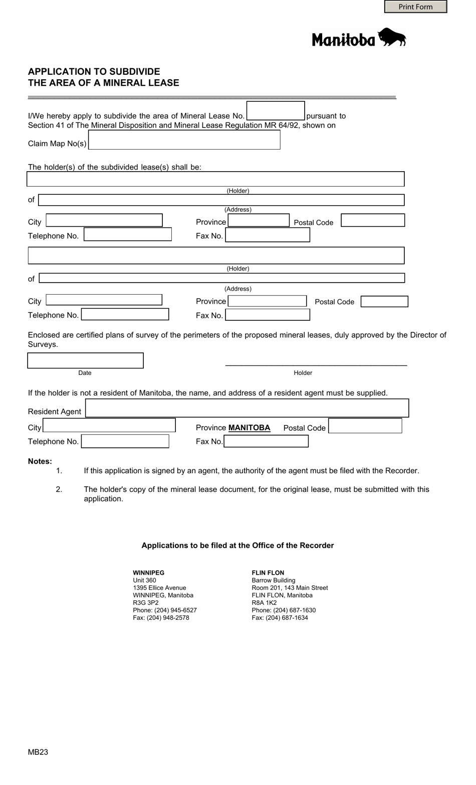 Form MB23 Application to Subdivide the Area of a Mineral Lease - Manitoba, Canada, Page 1