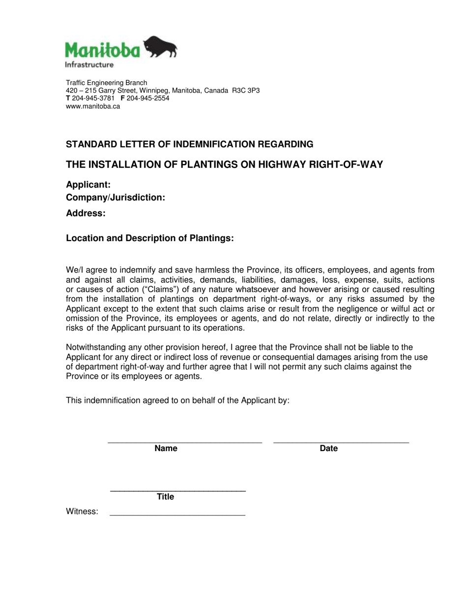 Standard Letter of Indemnification Regarding the Installation of Plantings on Highway Right-Of-Way - Manitoba, Canada, Page 1