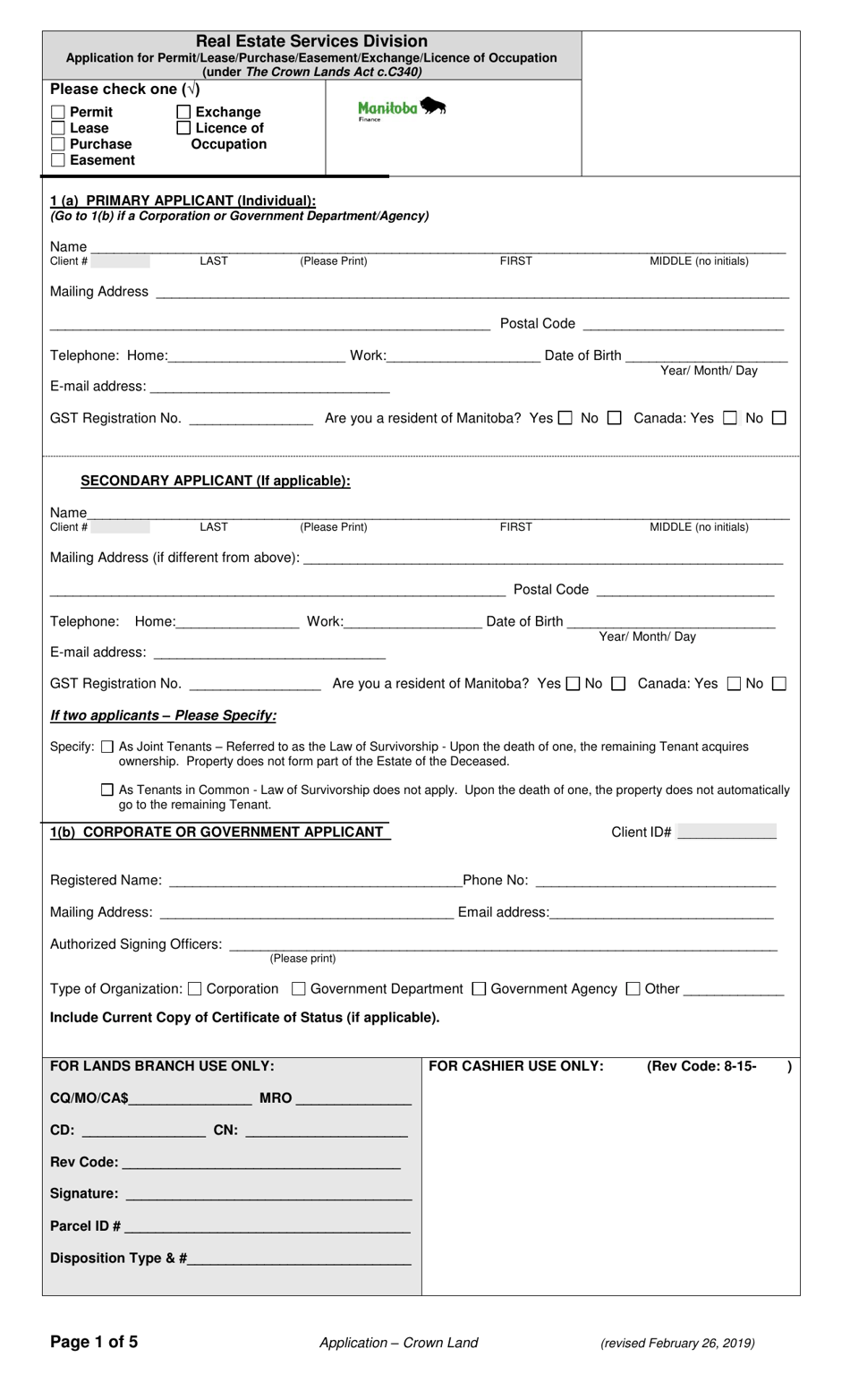 Application for Permit / Lease / Purchase / Easement / Exchange / Licence of Occupation - Manitoba, Canada, Page 1