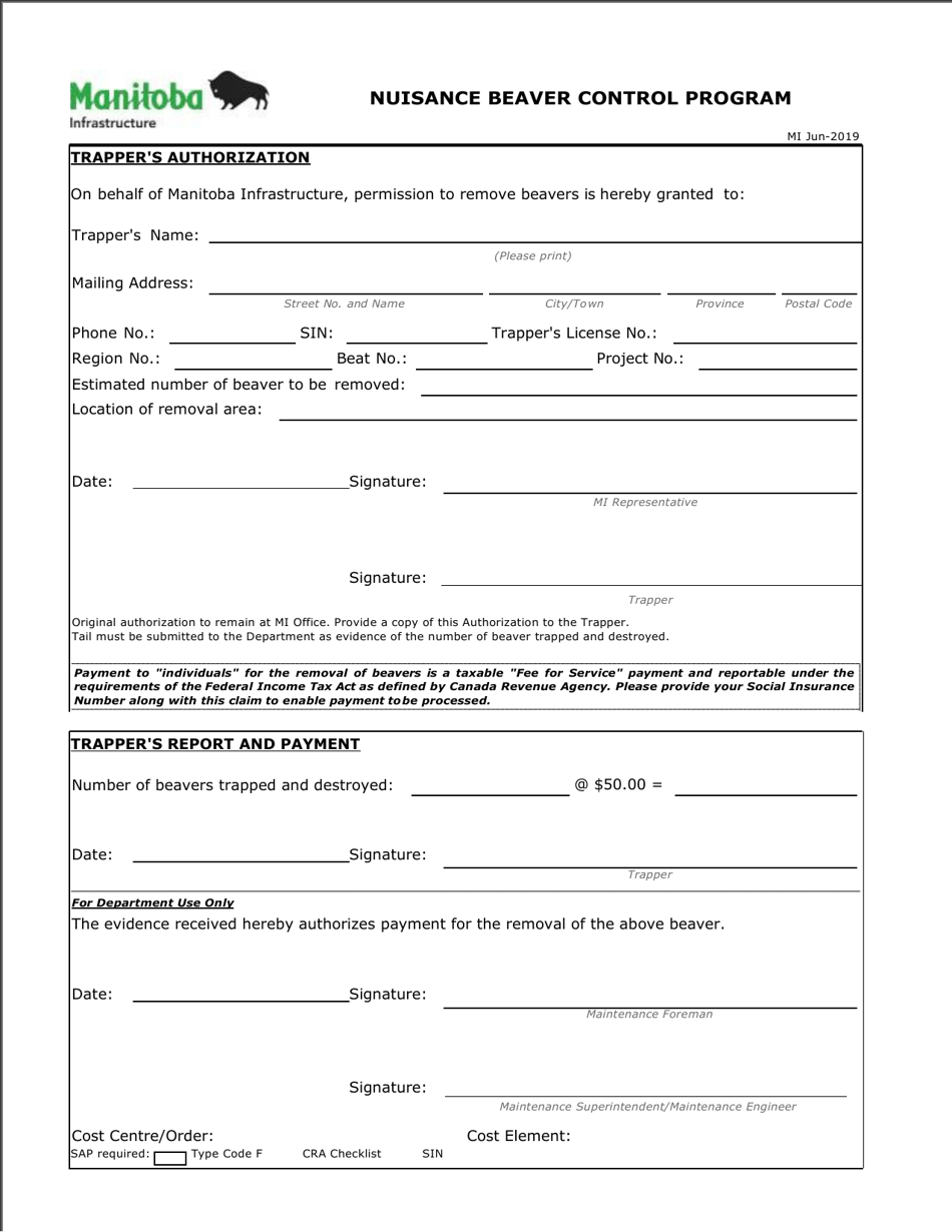 Trappers Authorization and Report - Nuisance Beaver Control Program - Manitoba, Canada, Page 1
