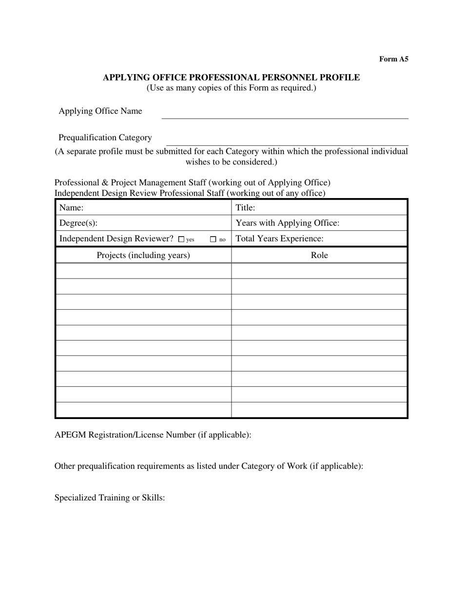 Form A5 Applying Office Professional Personnel Profile - Manitoba, Canada, Page 1