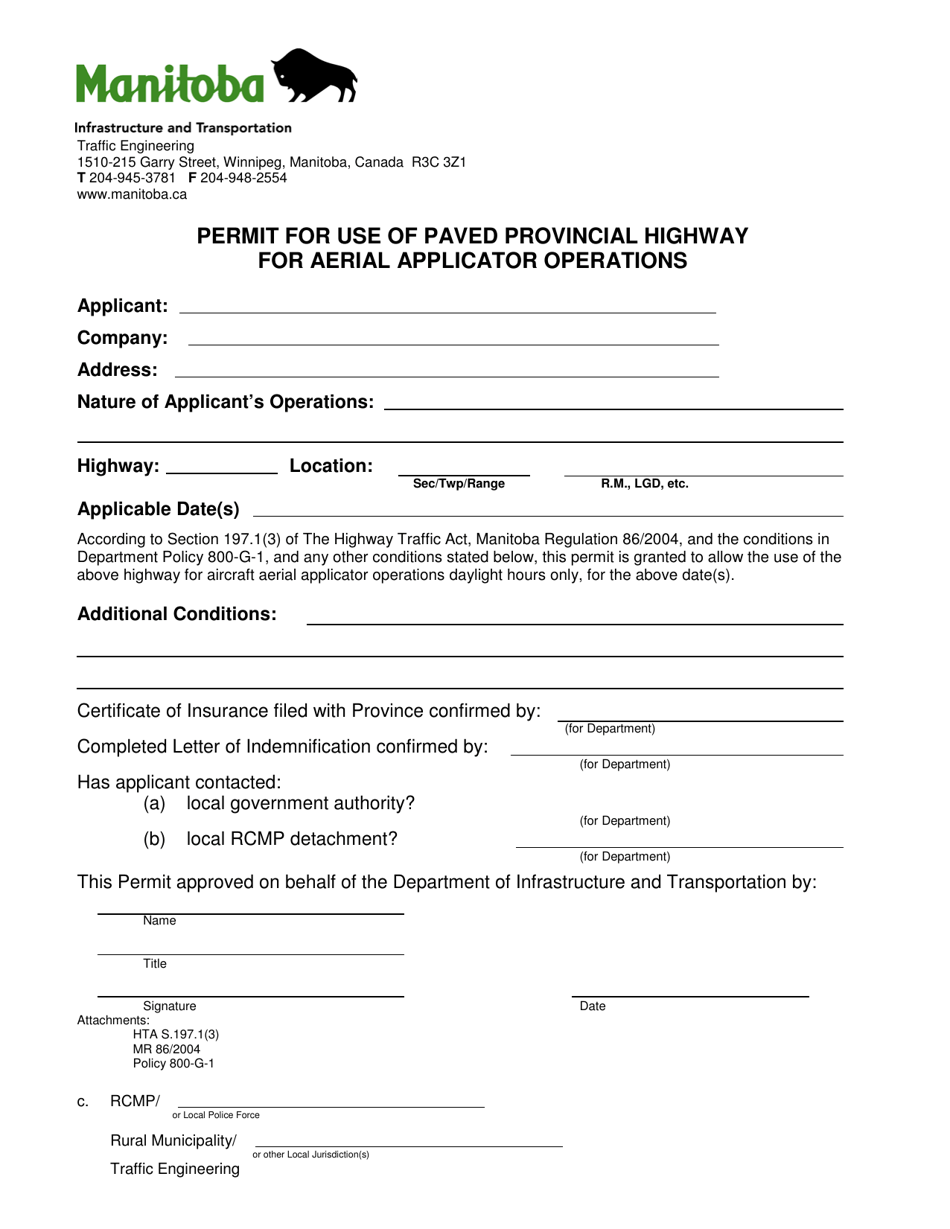 Permit for Use of Paved Provincial Highway for Aerial Applicator Operations - Manitoba, Canada, Page 1