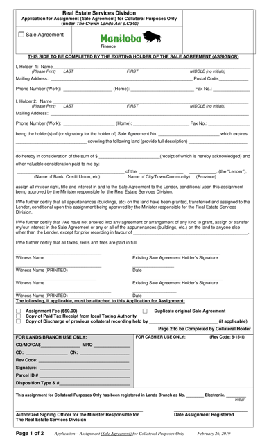 Application for Assignment (Sale Agreement) for Collateral Purposes Only - Manitoba, Canada Download Pdf