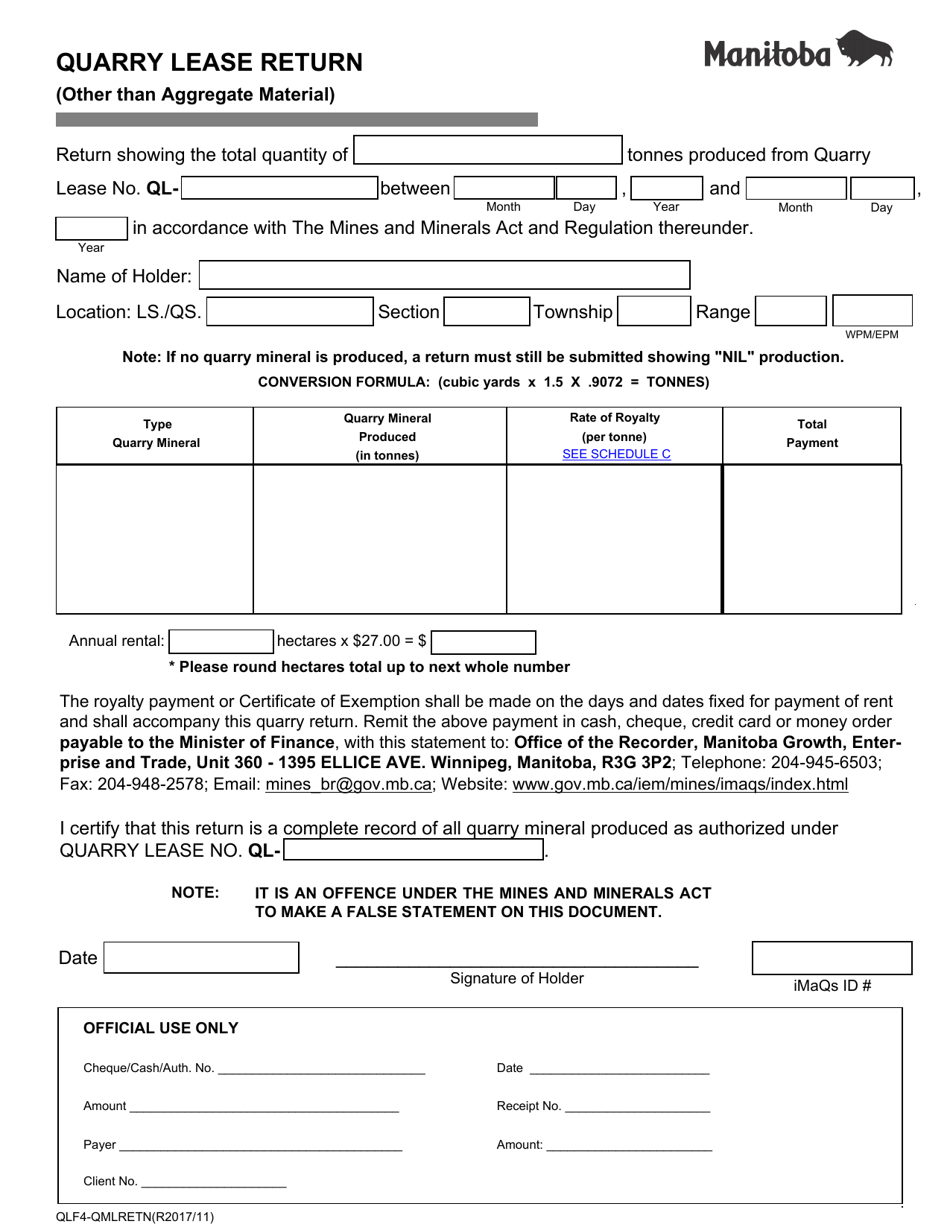 Form QLF4 Quarry Lease Return (Other Than Aggregate Material) - Manitoba, Canada, Page 1