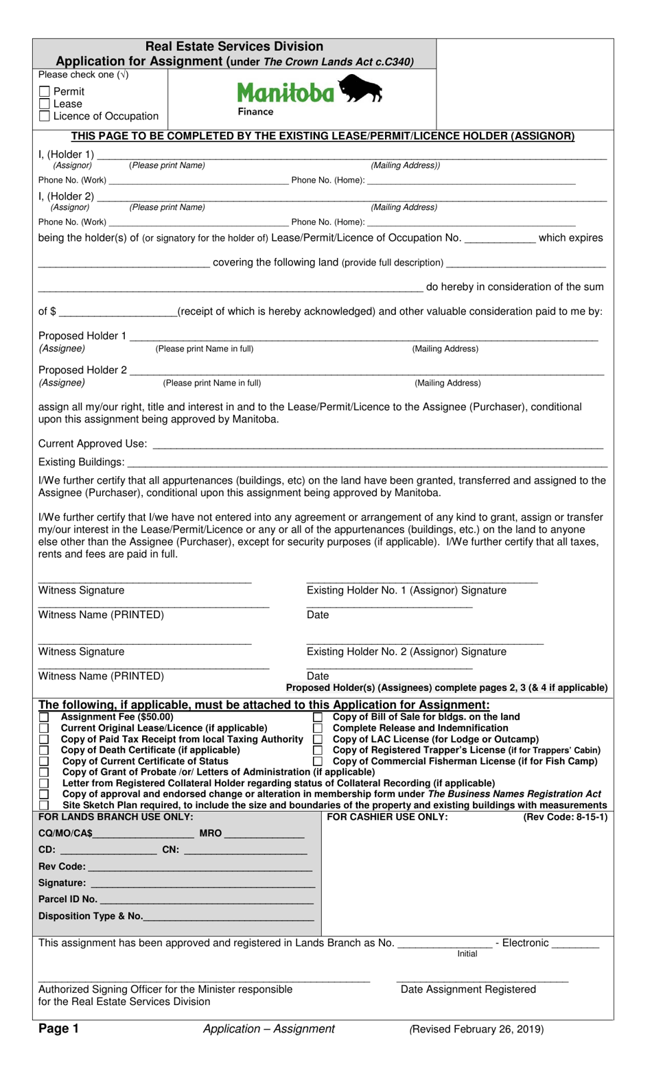 Application for Assignment - Manitoba, Canada, Page 1