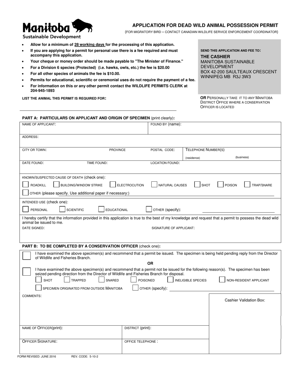 Application for Dead Wild Animal Possession Permit - Manitoba, Canada, Page 1