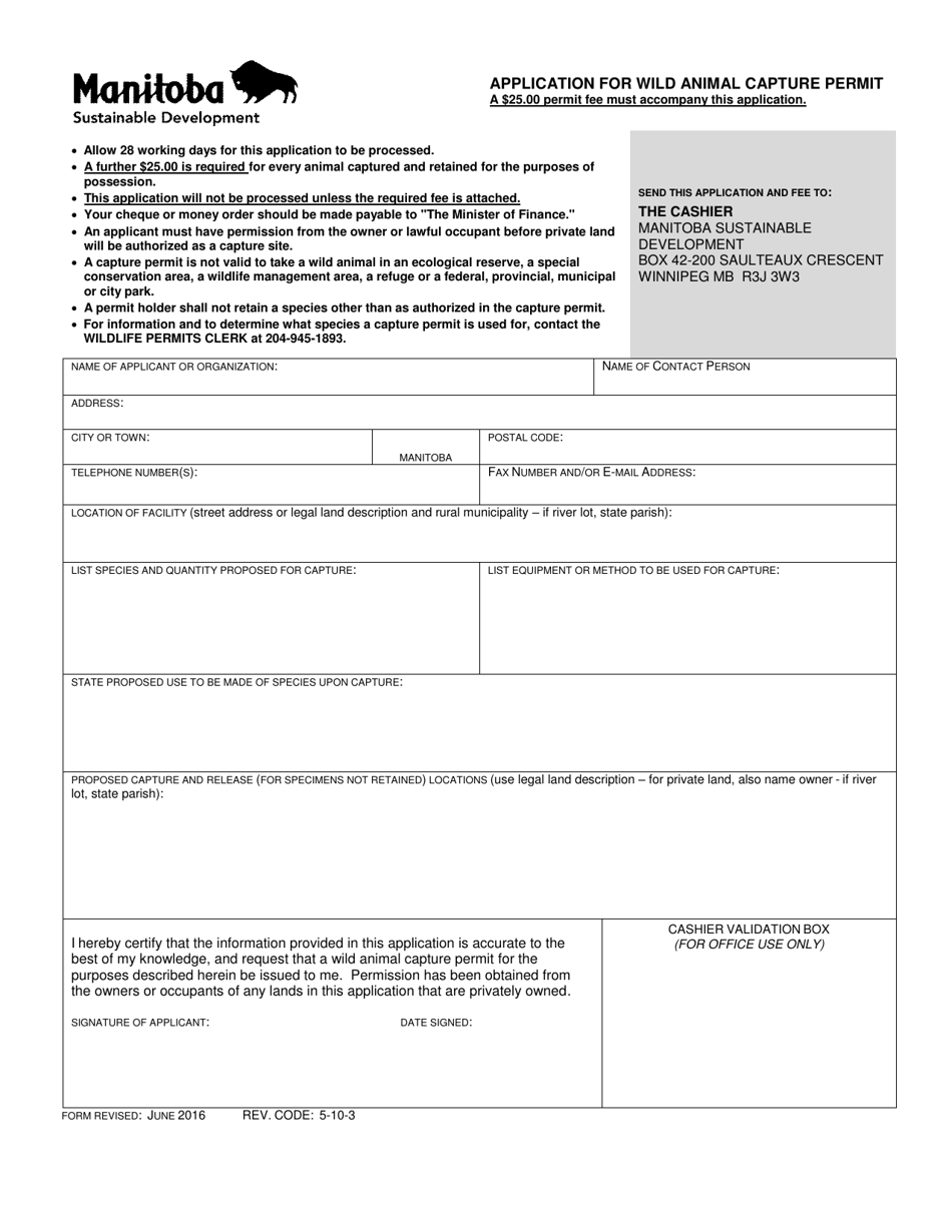 Application for Wild Animal Capture Permit - Manitoba, Canada, Page 1