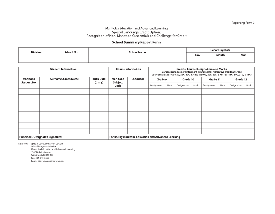 Reporting Form 3 School Summary Report Form - Manitoba, Canada, Page 1