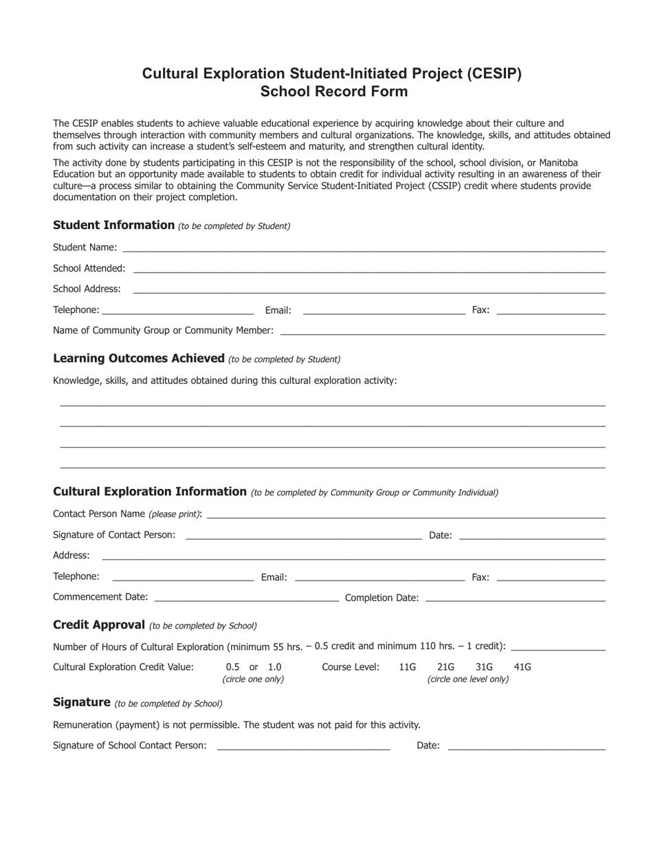 Cultural Exploration Student-Initiated Project (Cesip) School Record Form - Manitoba, Canada, Page 1
