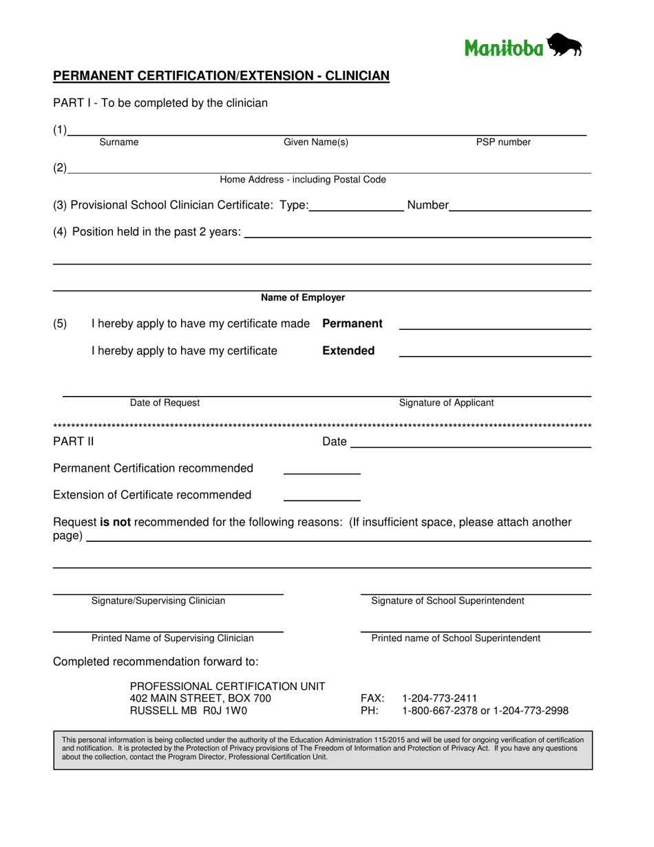 Permanent Certification / Extension - Clinician - Manitoba, Canada, Page 1