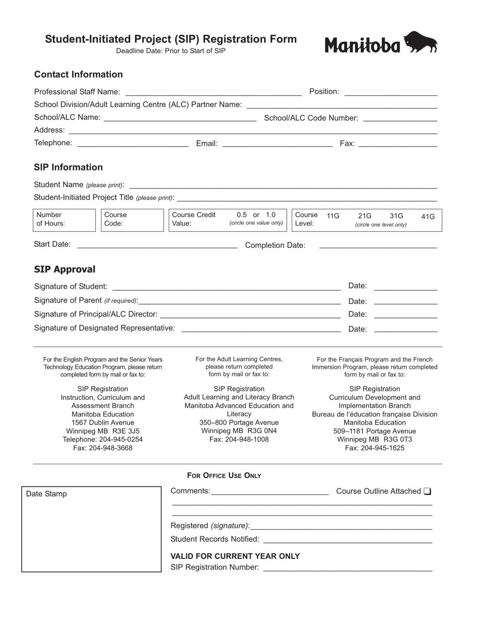 Student-Initiated Project (Sip) Registration Form - Manitoba, Canada, Page 1