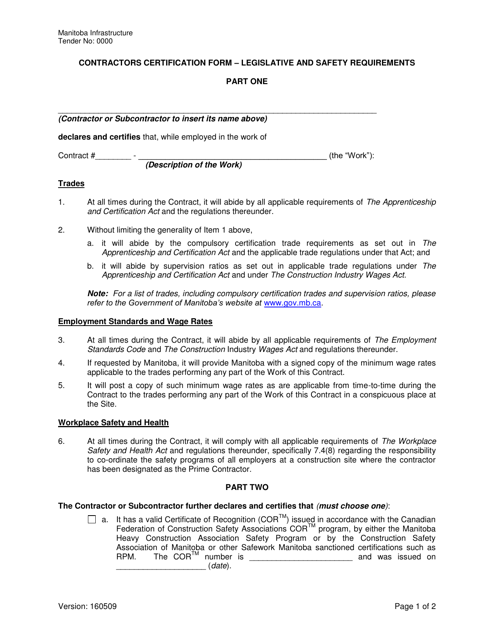Contractors Certification Form - Manitoba, Canada