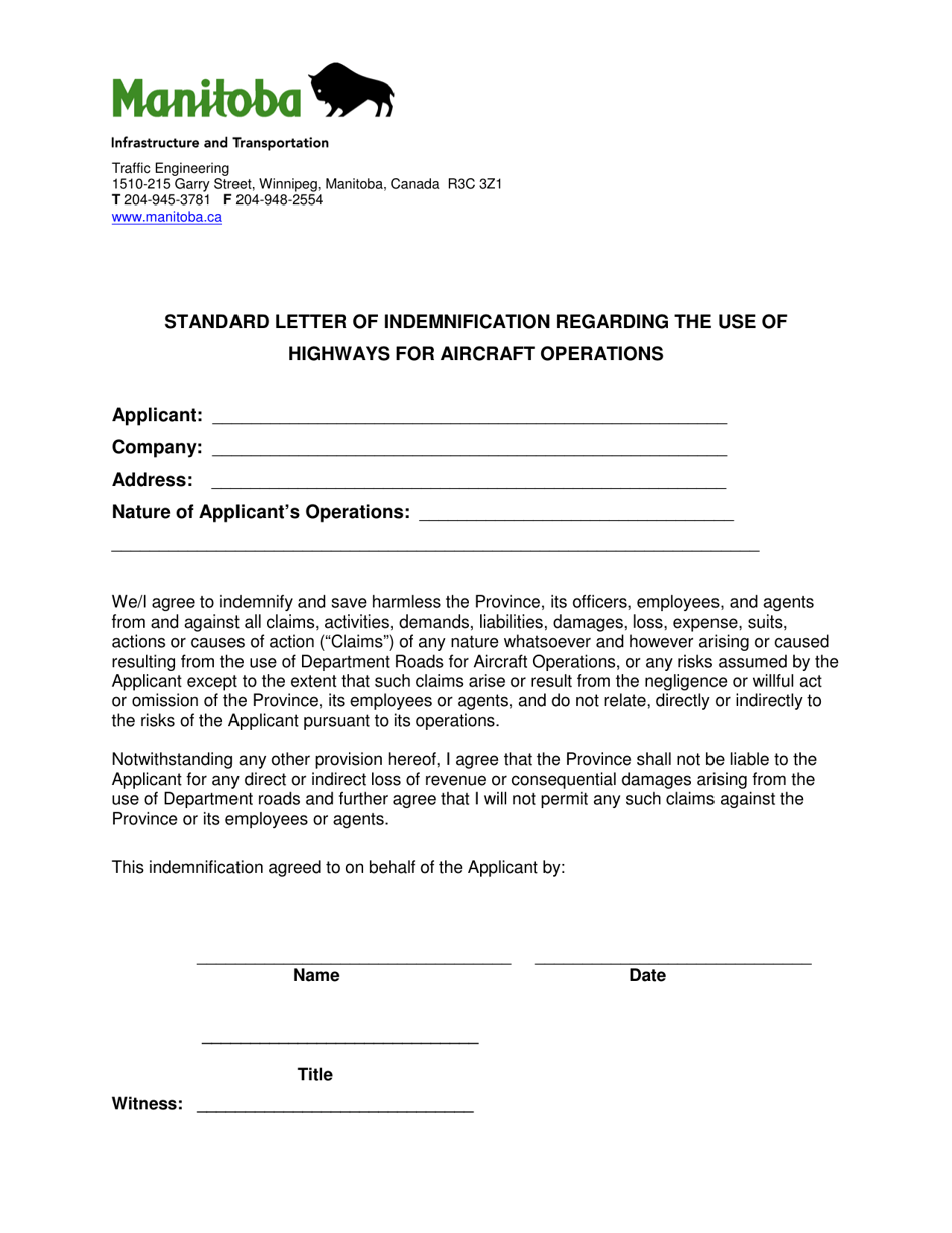 Standard Letter of Indemnification Regarding the Use of Highways for Aircraft Operations - Manitoba, Canada, Page 1