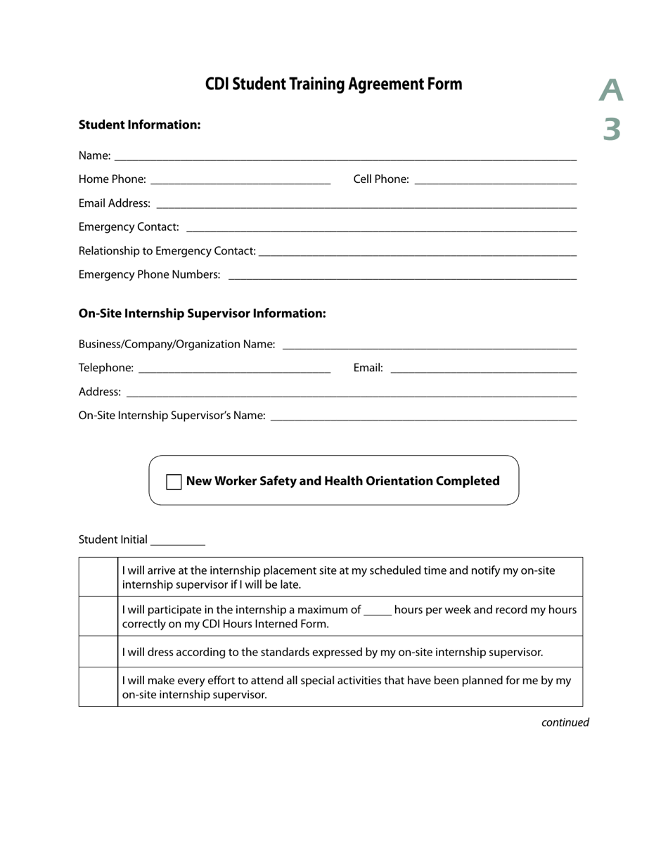 Form A3 Cdi Student Training Agreement Form - Manitoba, Canada, Page 1