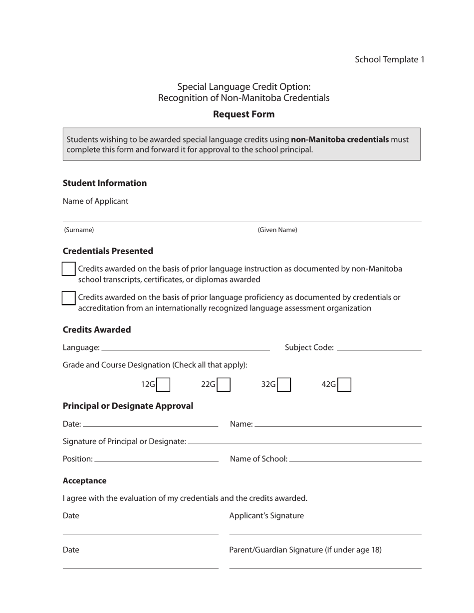 School Template 1 - Special Language Credit Option: Recognition of Non-manitoba Credentials Request Form - Manitoba, Canada, Page 1