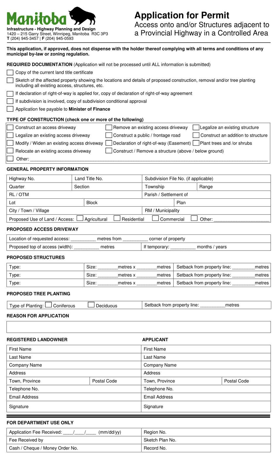 Application for Permit Access Onto and / or Structures Adjacent to a Provincial Highway in a Controlled Area - Manitoba, Canada, Page 1