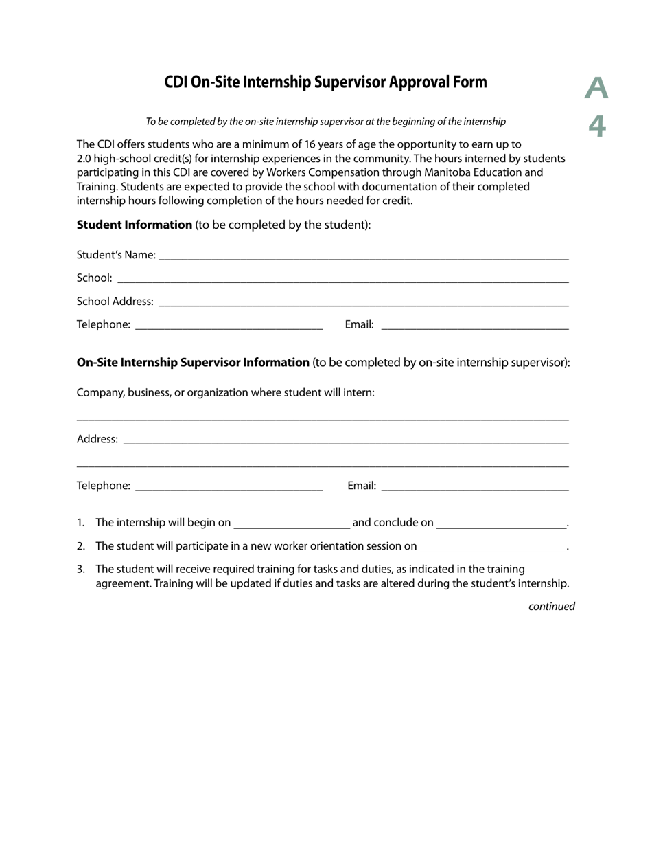Form A4 Cdi on-Site Internship Supervisor Approval Form - Manitoba, Canada, Page 1