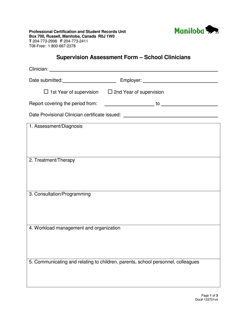 Supervision Assessment Form - School Clinicians - Manitoba, Canada, Page 1