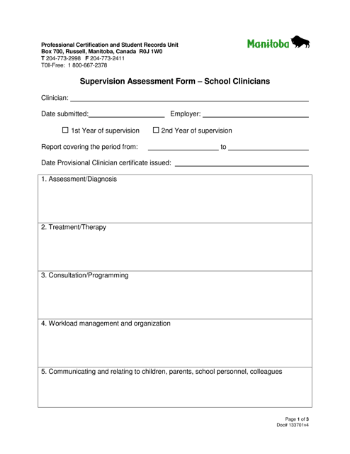 Supervision Assessment Form - School Clinicians - Manitoba, Canada