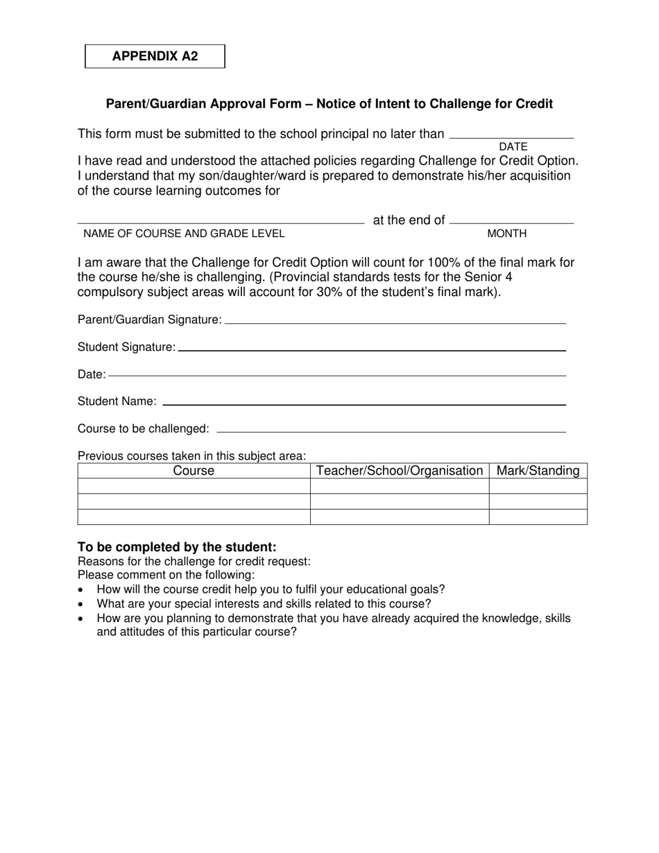 Appendix A2 Parent / Guardian Approval Form - Notice of Intent to Challenge for Credit - Manitoba, Canada, Page 1