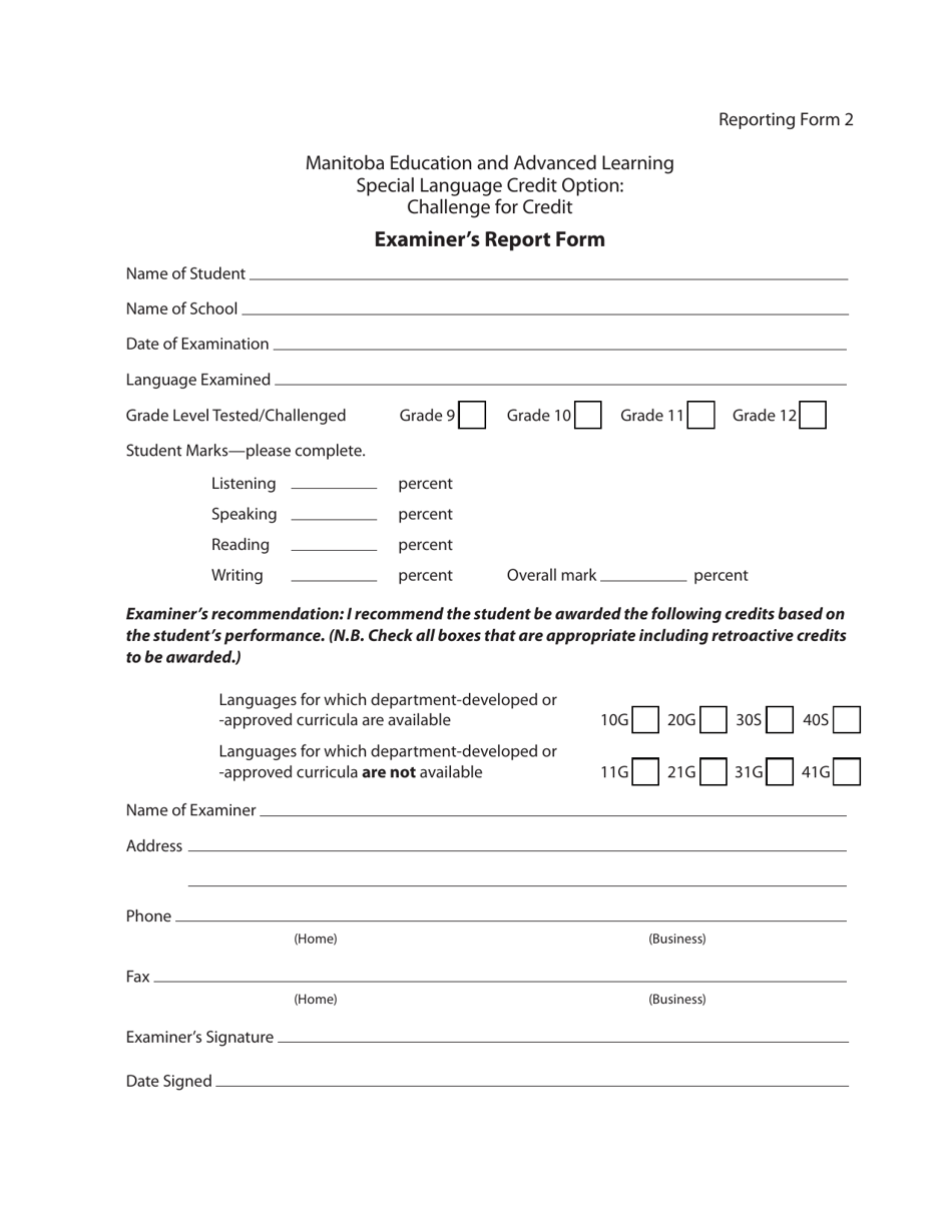 Reporting Form 2 Examiners Report Form - Manitoba, Canada, Page 1