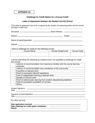Document preview: Appendix A3 Challenge for Credit Option for a Course Credit - Letter of Agreement Between the Student and the School - Manitoba, Canada