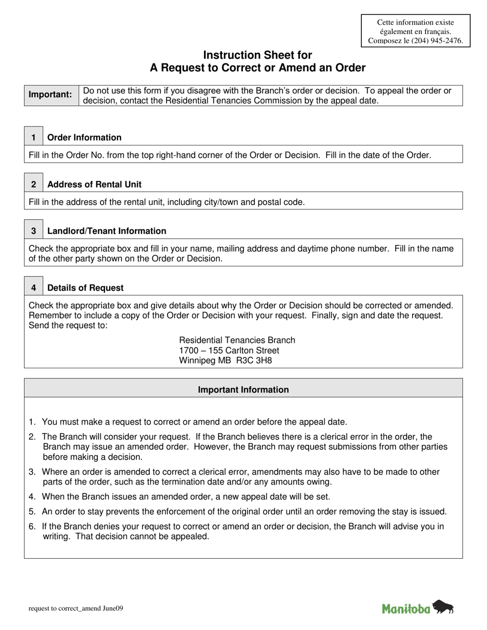 Request to Correct or Amend an Order - Manitoba, Canada, Page 1