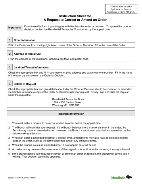 Request to Correct or Amend an Order - Manitoba, Canada Download Pdf